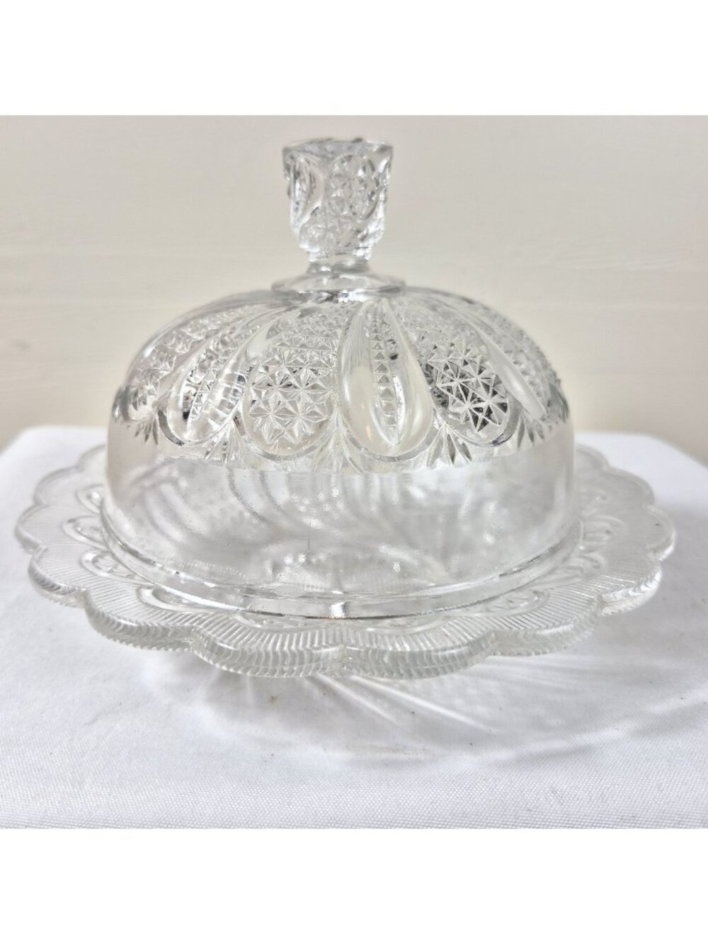 Antique EAPG Bryce Higbee New Crescent Diamond Point Glass Butter Dish Dome Lid